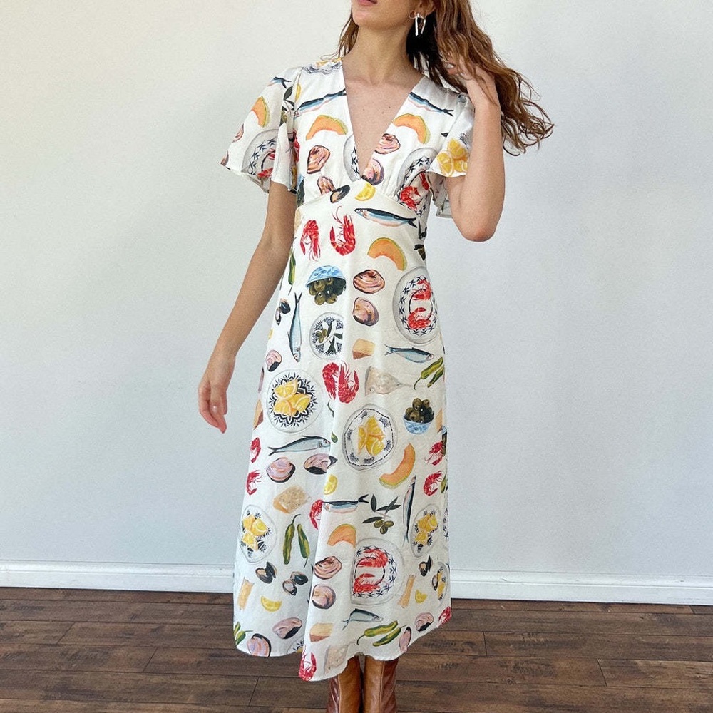 Zimmermann White V-Neck Midi Dress with Colorful Seafood Print